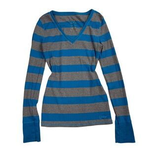 Y2K Aeropostale Sz XL Blue Grey Striped V-Neck Long Sleeve Ribbed Fitted Logo